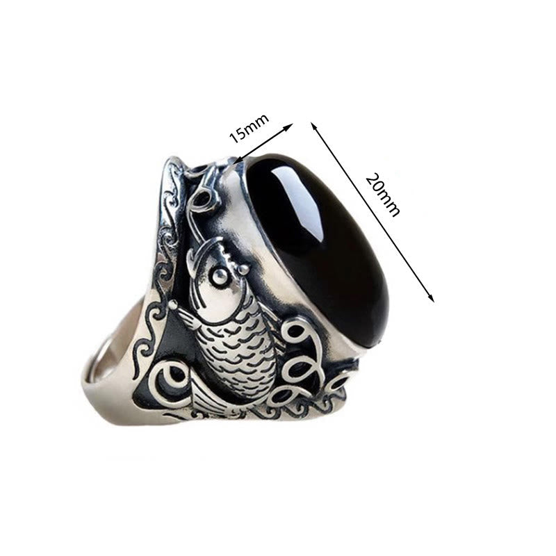 Sterling Silver and Copper Koi Fish Adjustable Ring with Black Obsidian and Yin Yang