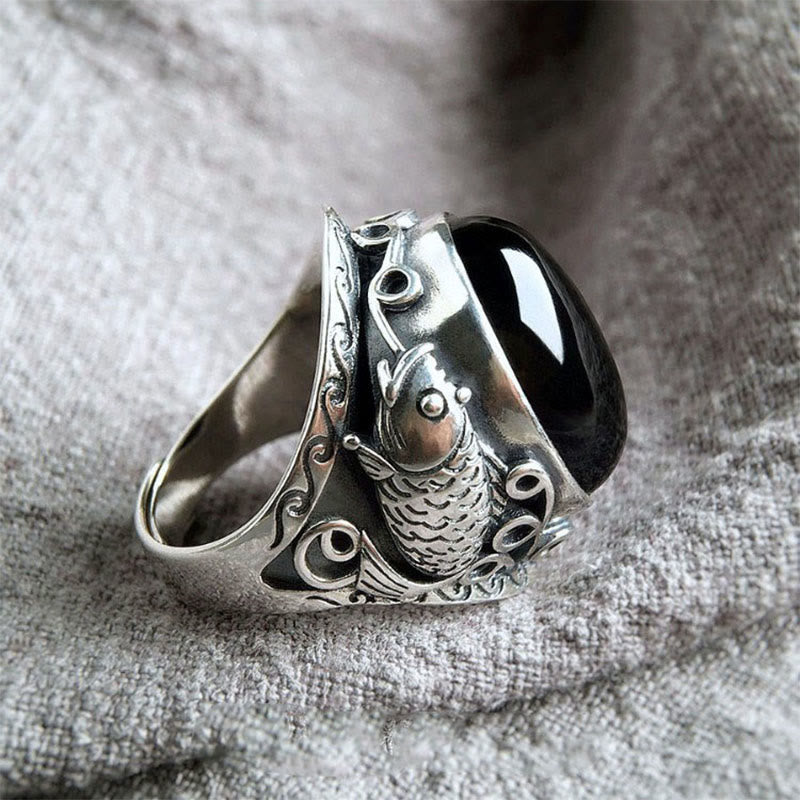 Sterling Silver and Copper Koi Fish Adjustable Ring with Black Obsidian and Yin Yang