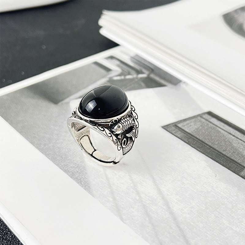 Sterling Silver and Copper Koi Fish Adjustable Ring with Black Obsidian and Yin Yang