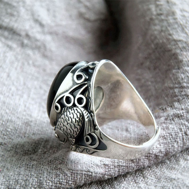Sterling Silver and Copper Koi Fish Adjustable Ring with Black Obsidian and Yin Yang