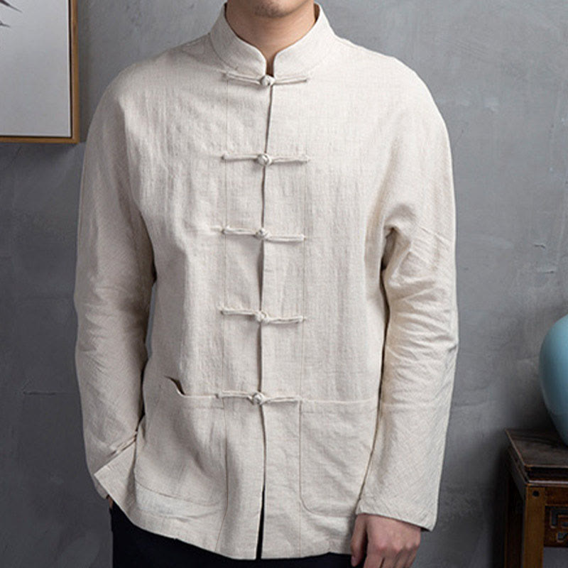 Solid Color Casual Frog-button Men's Shirt Clothing