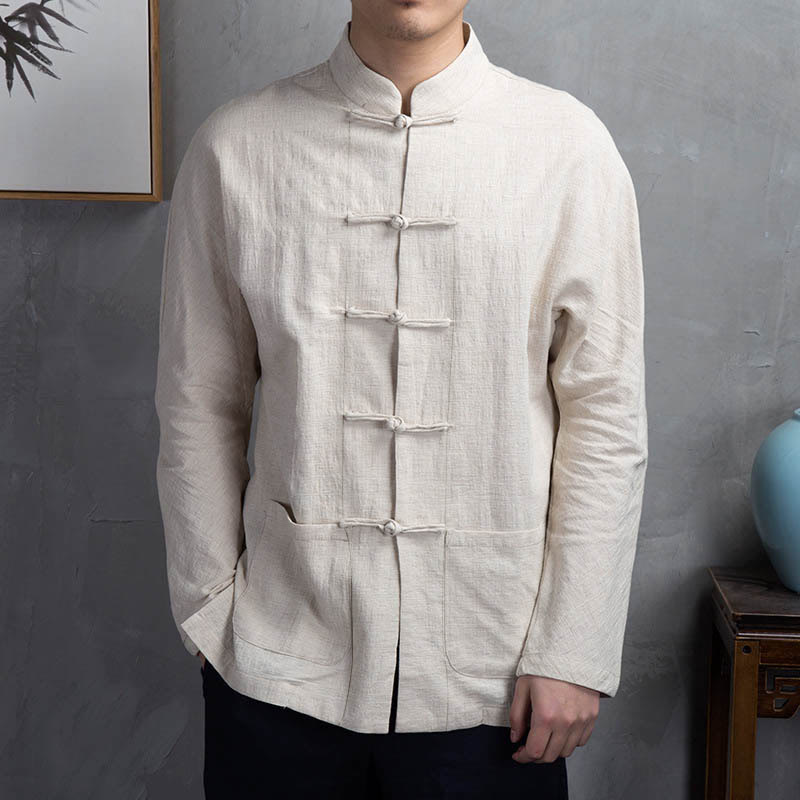 Solid Color Casual Frog-button Men's Shirt Clothing