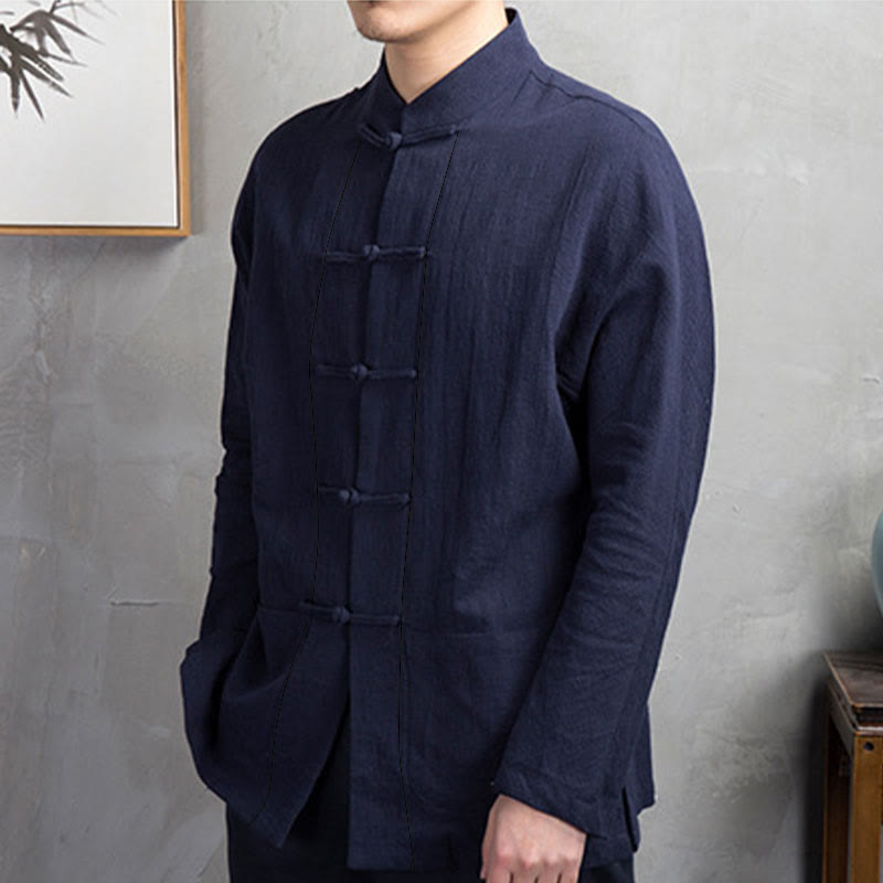 Solid Color Casual Frog-button Men's Shirt Clothing