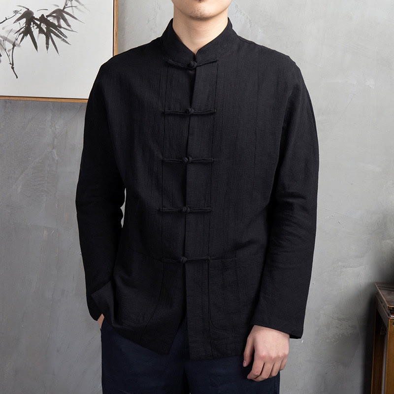 Solid Color Casual Frog-button Men's Shirt Clothing