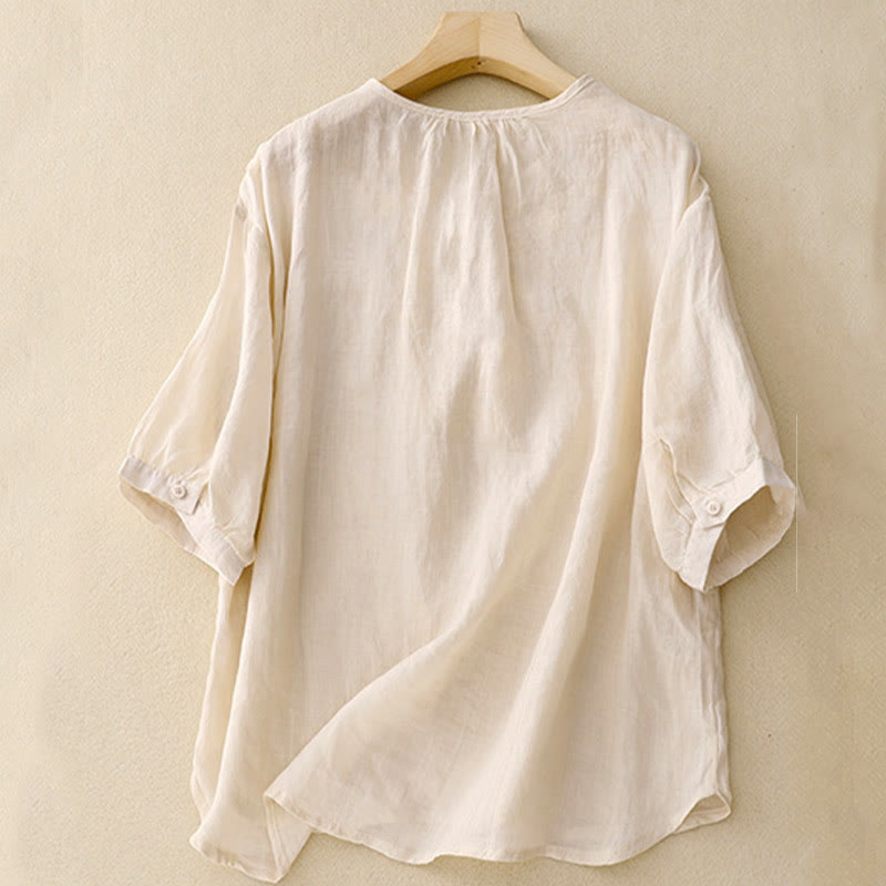 Casual Women's Plain Frog Buckle Design Half Sleeve Shirt