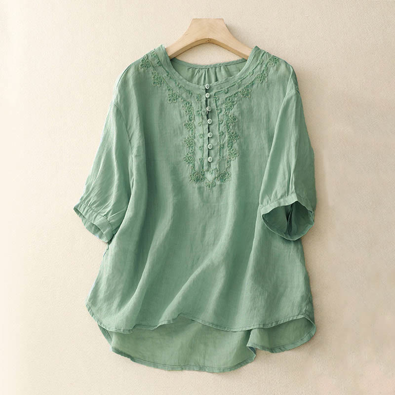 Casual Women's Plain Frog Buckle Design Half Sleeve Shirt