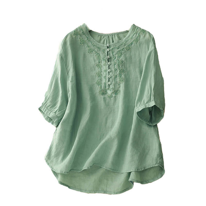 Casual Women's Plain Frog Buckle Design Half Sleeve Shirt
