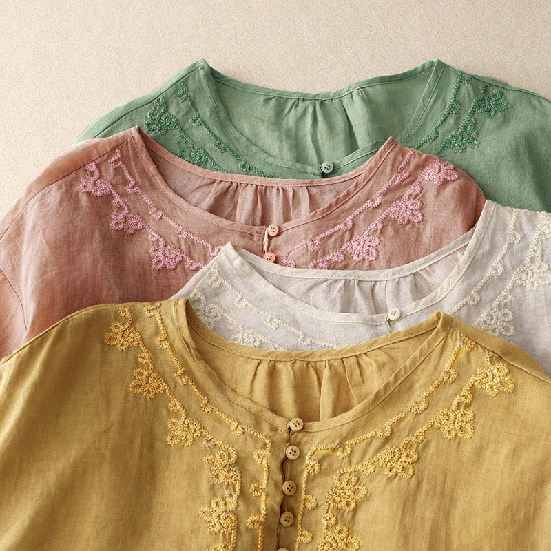 Casual Women's Plain Frog Buckle Design Half Sleeve Shirt