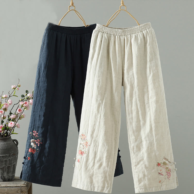 Embroidered Frog Button Cotton Padded Women's Wide Leg Pants With Pockets