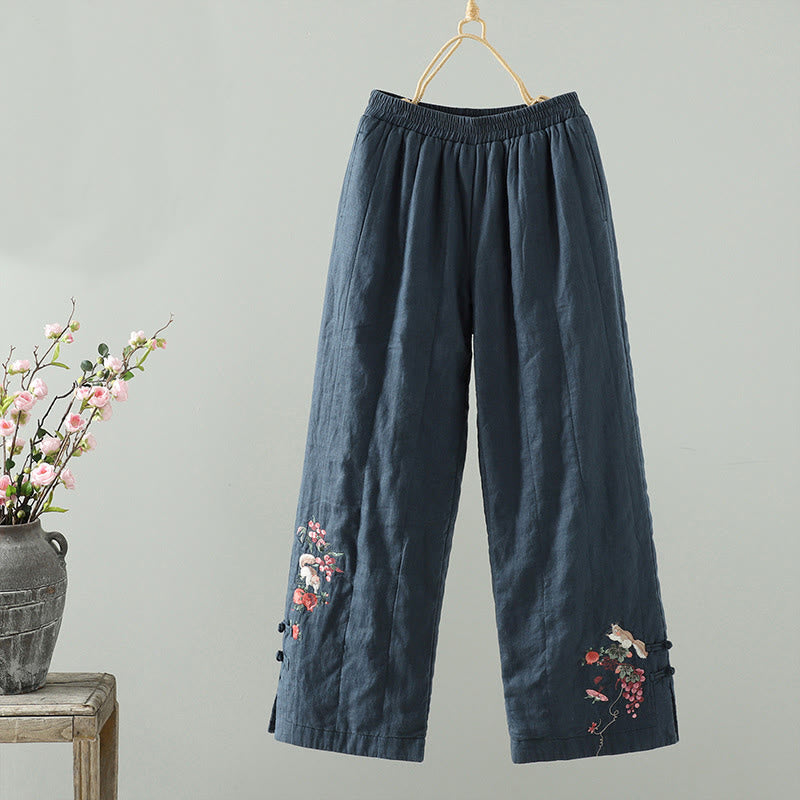 Embroidered Frog Button Cotton Padded Women's Wide Leg Pants With Pockets