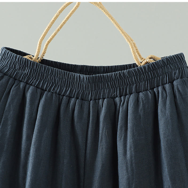 Embroidered Frog Button Cotton Padded Women's Wide Leg Pants With Pockets