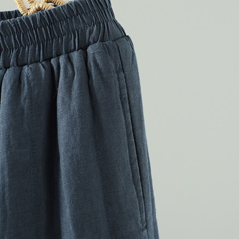 Embroidered Frog Button Cotton Padded Women's Wide Leg Pants With Pockets