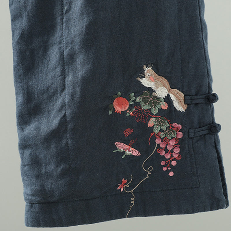 Embroidered Frog Button Cotton Padded Women's Wide Leg Pants With Pockets