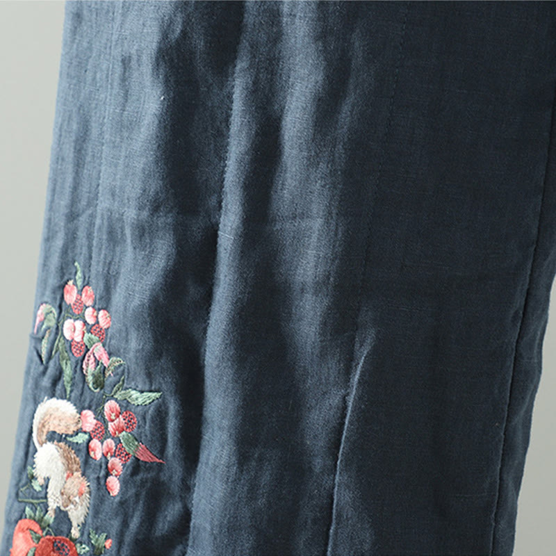 Embroidered Frog Button Cotton Padded Women's Wide Leg Pants With Pockets