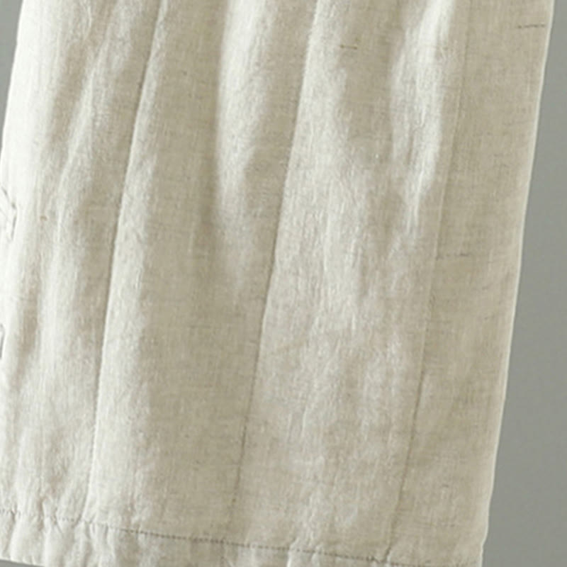 Embroidered Frog Button Cotton Padded Women's Wide Leg Pants With Pockets