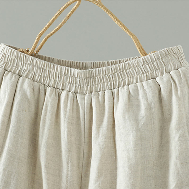 Embroidered Frog Button Cotton Padded Women's Wide Leg Pants With Pockets