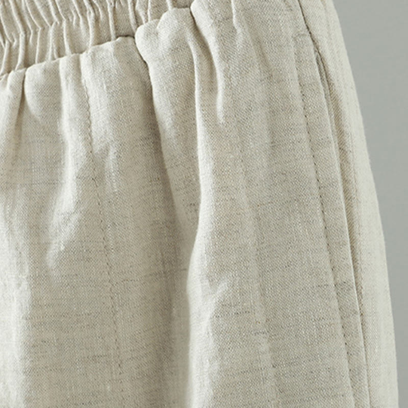 Embroidered Frog Button Cotton Padded Women's Wide Leg Pants With Pockets