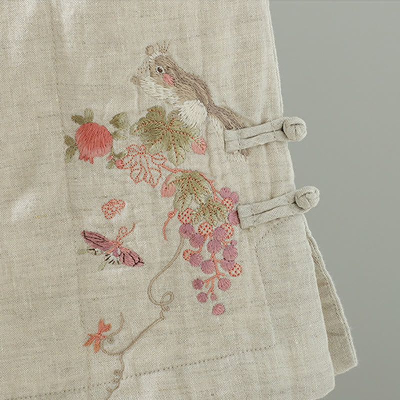 Embroidered Frog Button Cotton Padded Women's Wide Leg Pants With Pockets