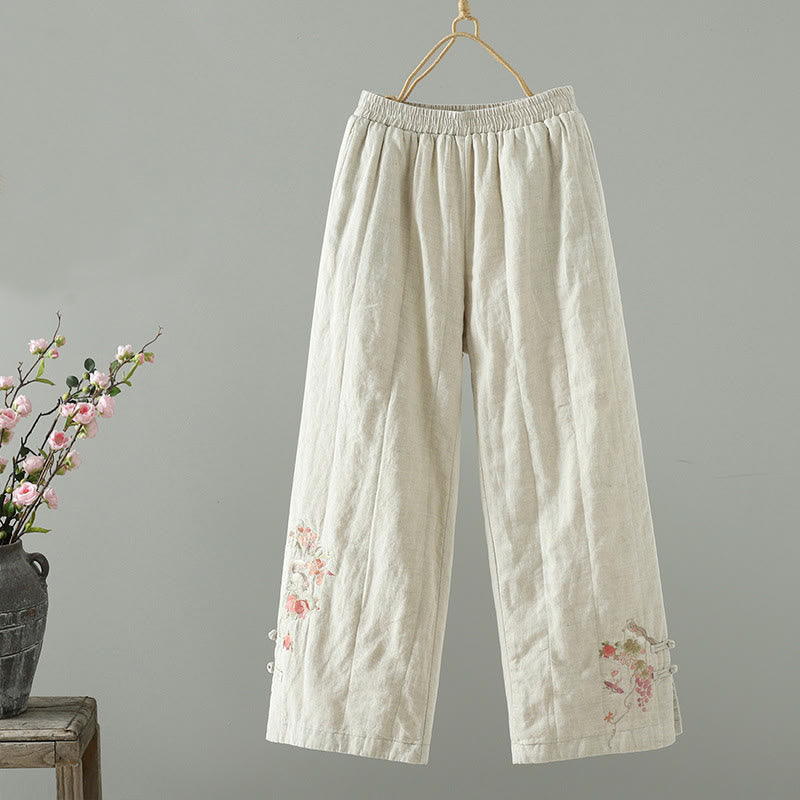 Embroidered Frog Button Cotton Padded Women's Wide Leg Pants With Pockets