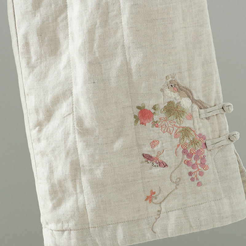 Embroidered Frog Button Cotton Padded Women's Wide Leg Pants With Pockets