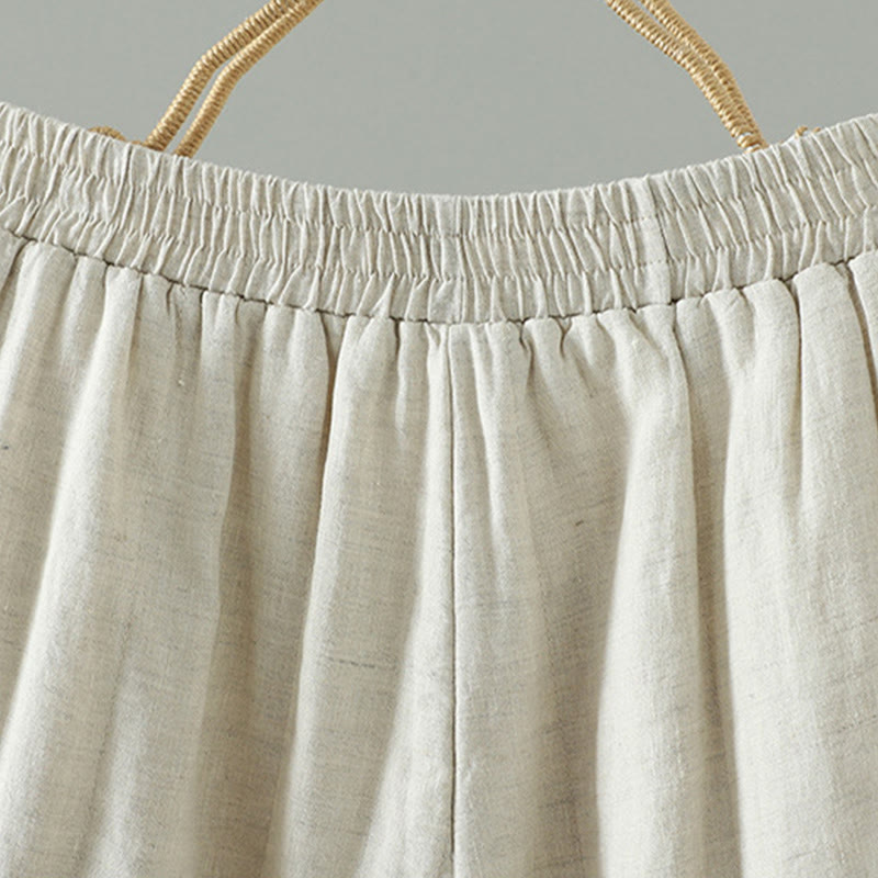Embroidered Frog Button Cotton Padded Women's Wide Leg Pants With Pockets