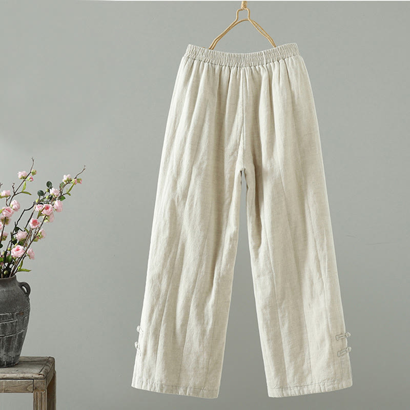 Embroidered Frog Button Cotton Padded Women's Wide Leg Pants With Pockets