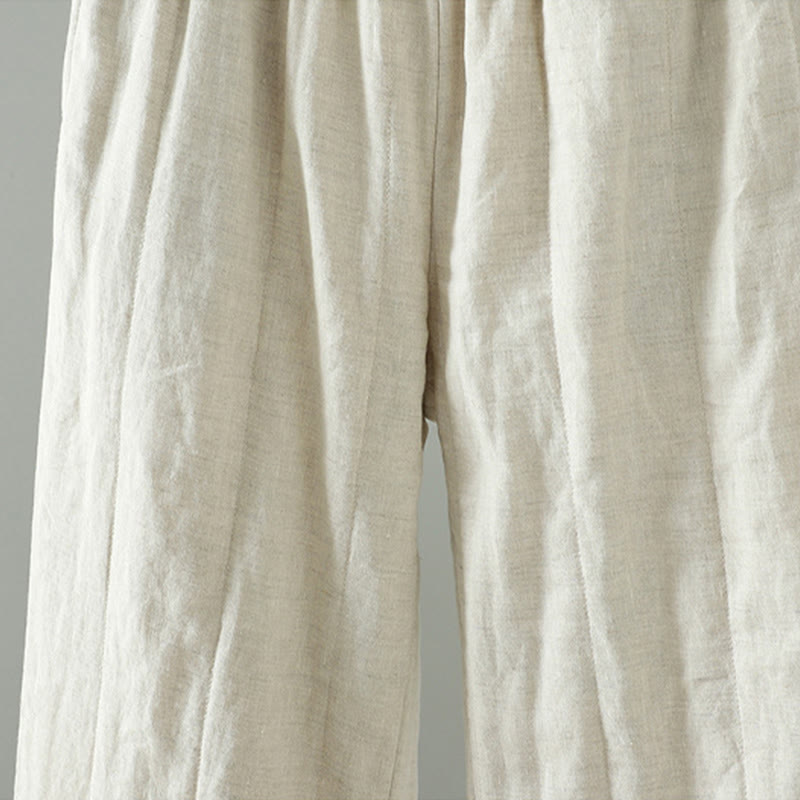 Embroidered Frog Button Cotton Padded Women's Wide Leg Pants With Pockets