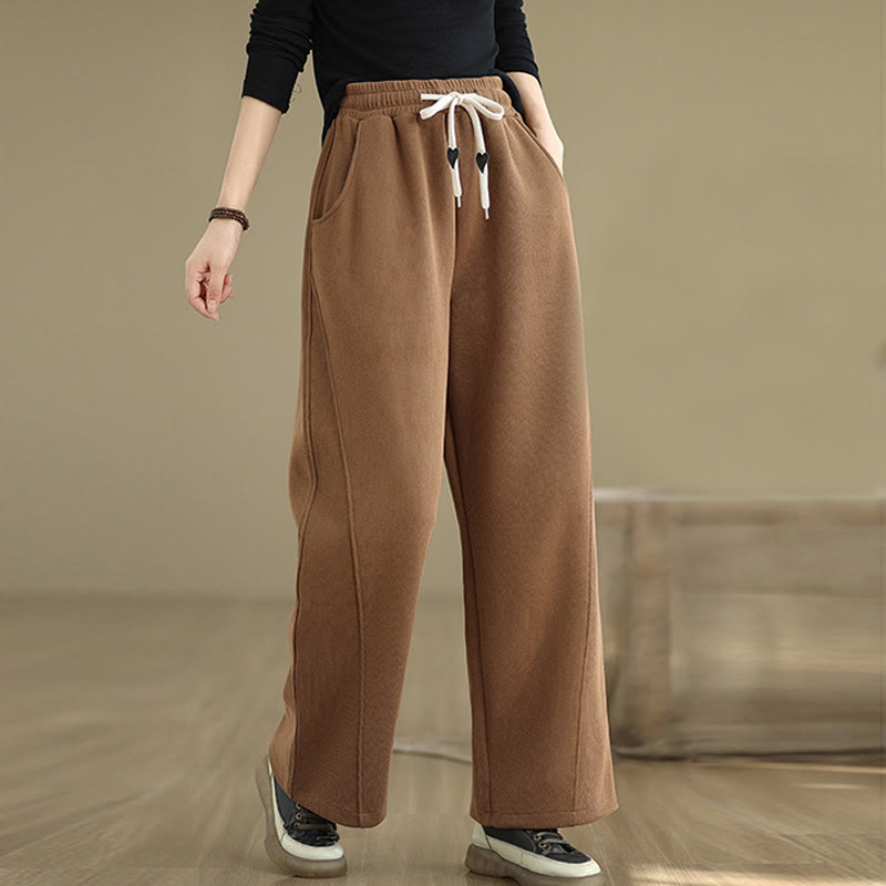 Solid Color Drawstring Cotton Women's Wide Leg Pants With Pockets