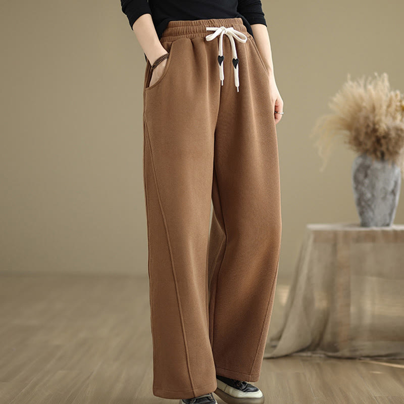 Solid Color Drawstring Cotton Women's Wide Leg Pants With Pockets