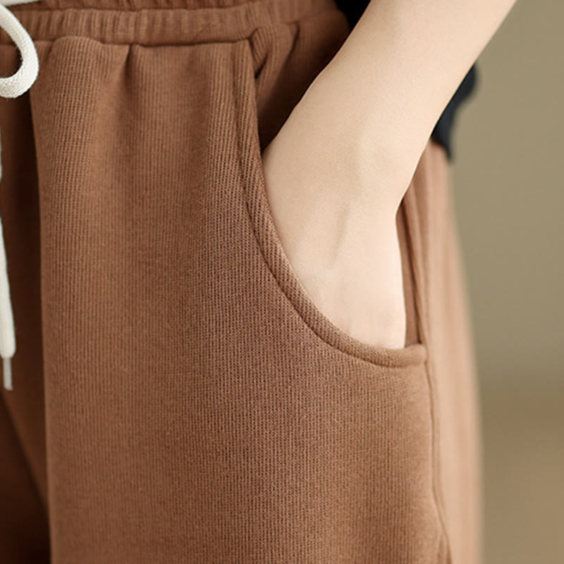 Solid Color Drawstring Cotton Women's Wide Leg Pants With Pockets