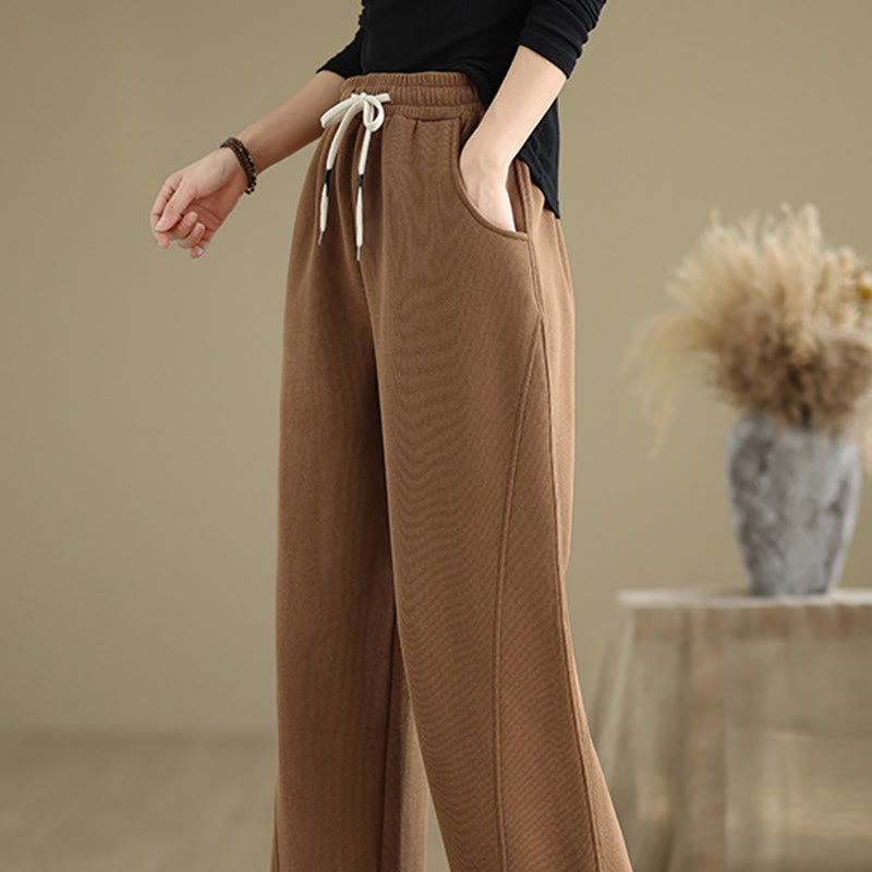 Solid Color Drawstring Cotton Women's Wide Leg Pants With Pockets