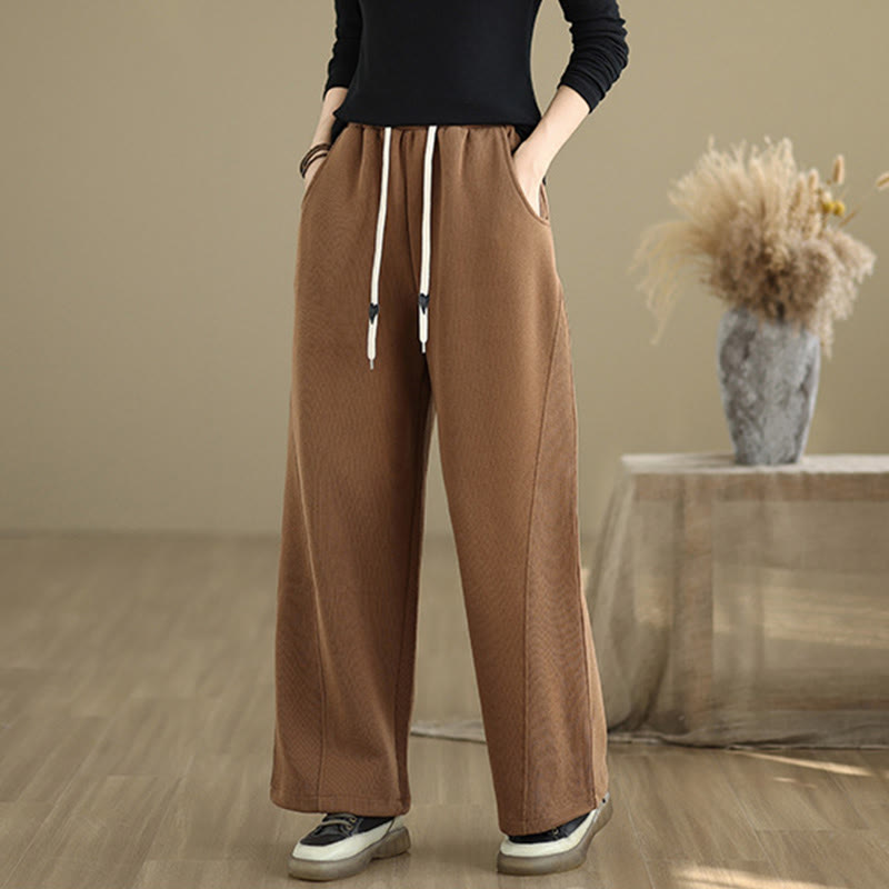 Solid Color Drawstring Cotton Women's Wide Leg Pants With Pockets