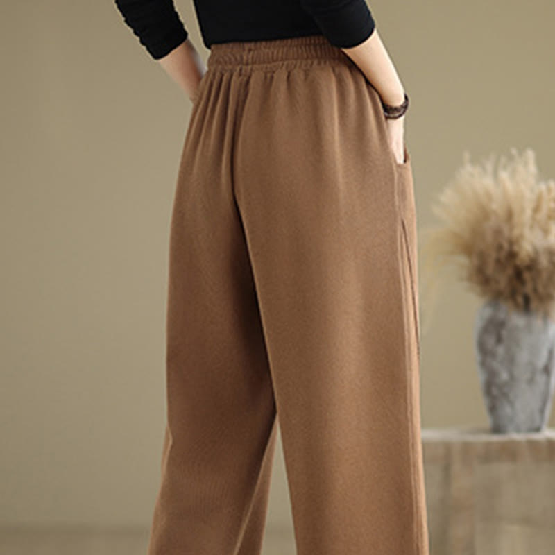Solid Color Drawstring Cotton Women's Wide Leg Pants With Pockets