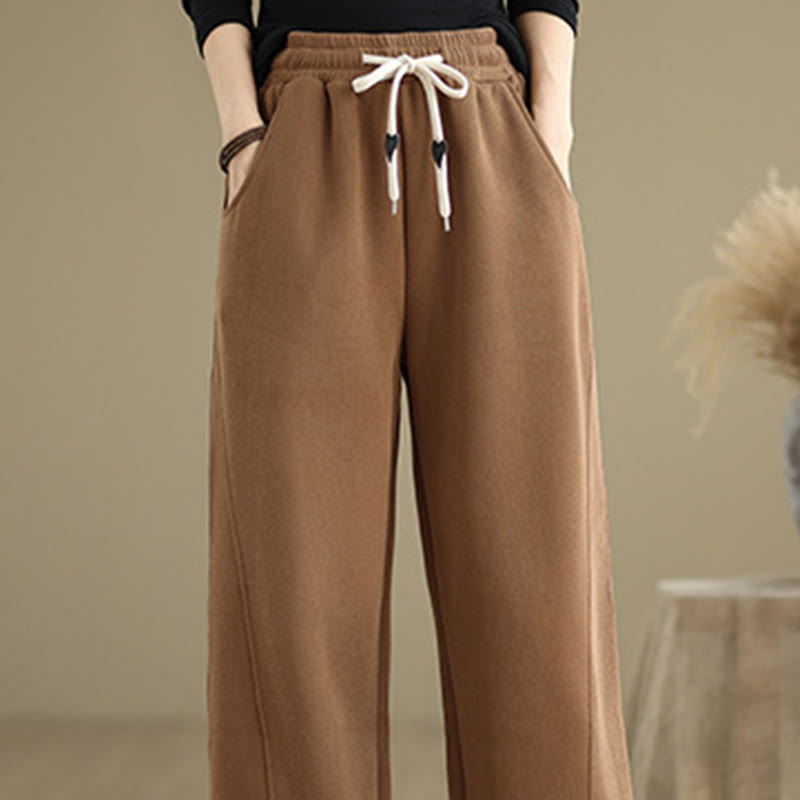 Solid Color Drawstring Cotton Women's Wide Leg Pants With Pockets