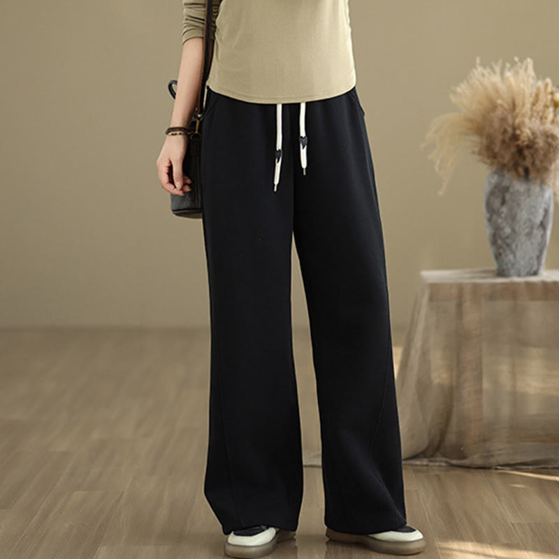 Solid Color Drawstring Cotton Women's Wide Leg Pants With Pockets