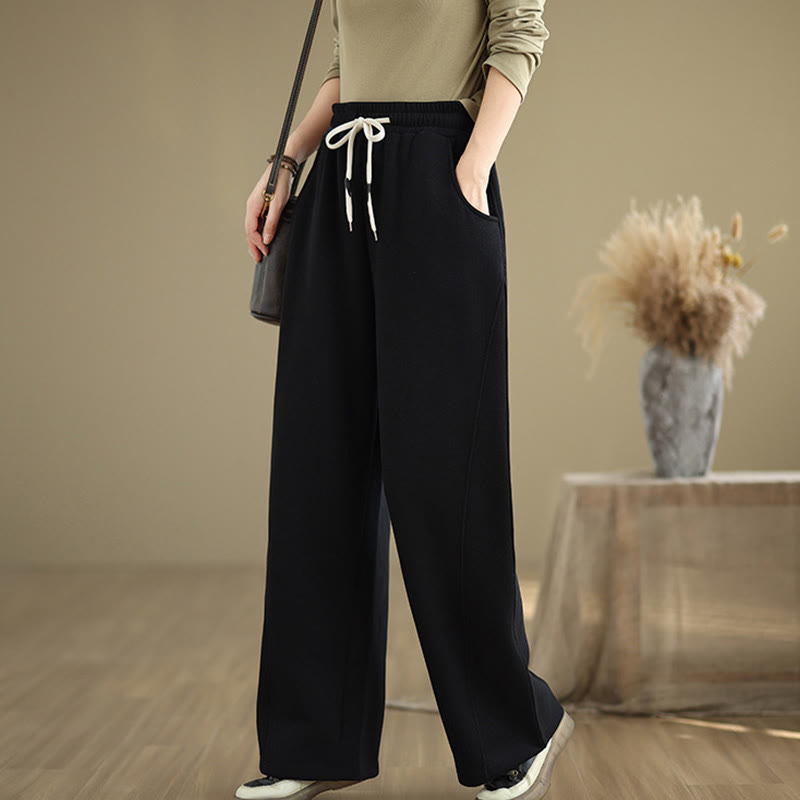 Solid Color Drawstring Cotton Women's Wide Leg Pants With Pockets