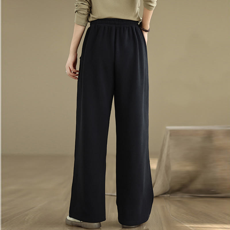 Solid Color Drawstring Cotton Women's Wide Leg Pants With Pockets