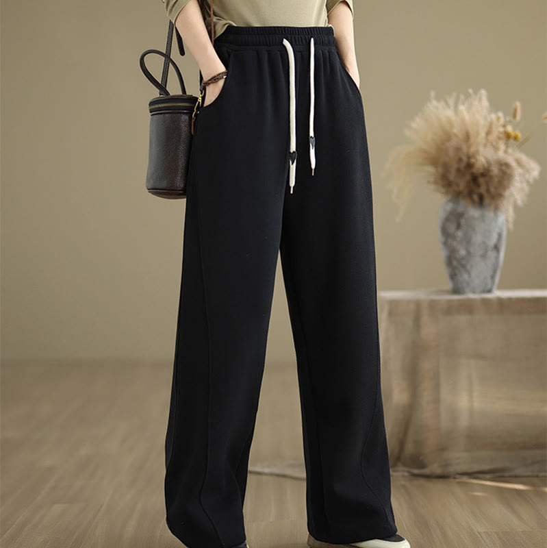 Solid Color Drawstring Cotton Women's Wide Leg Pants With Pockets