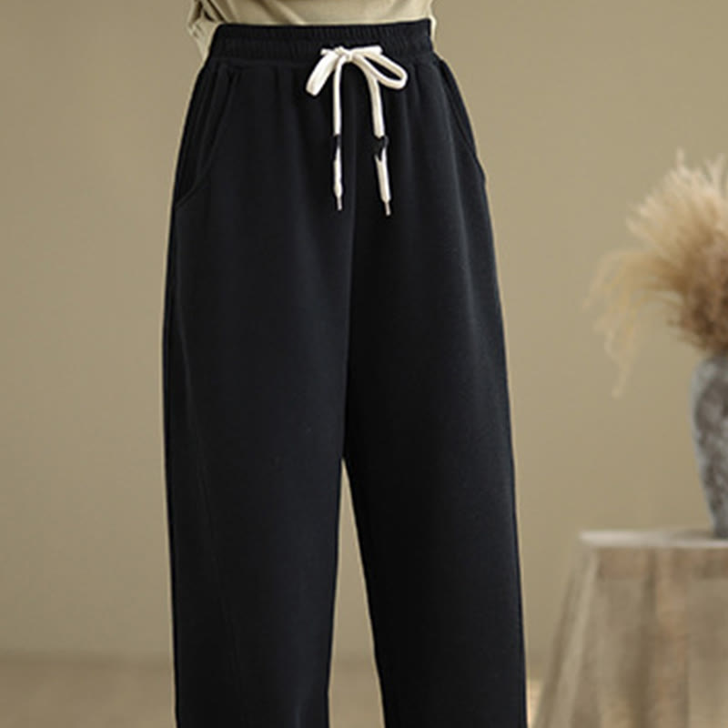 Solid Color Drawstring Cotton Women's Wide Leg Pants With Pockets