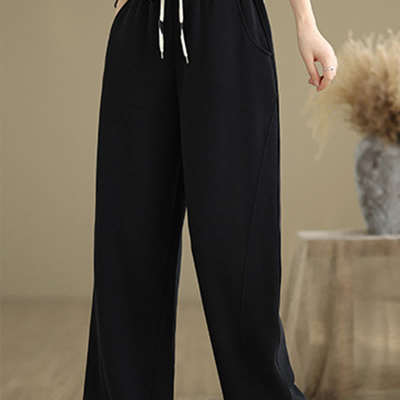 Solid Color Drawstring Cotton Women's Wide Leg Pants With Pockets