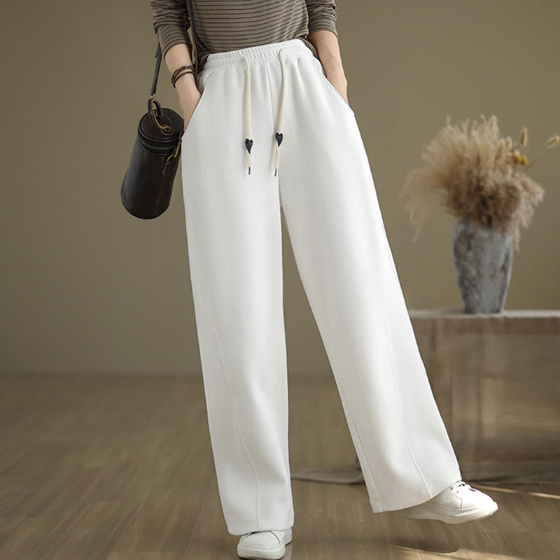 Solid Color Drawstring Cotton Women's Wide Leg Pants With Pockets