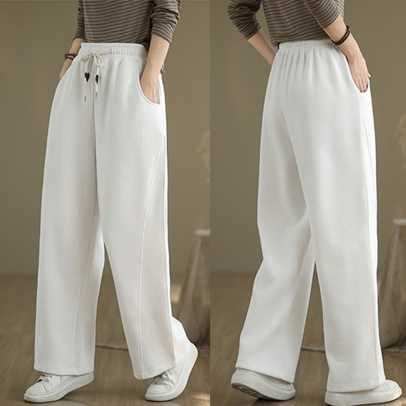 Solid Color Drawstring Cotton Women's Wide Leg Pants With Pockets