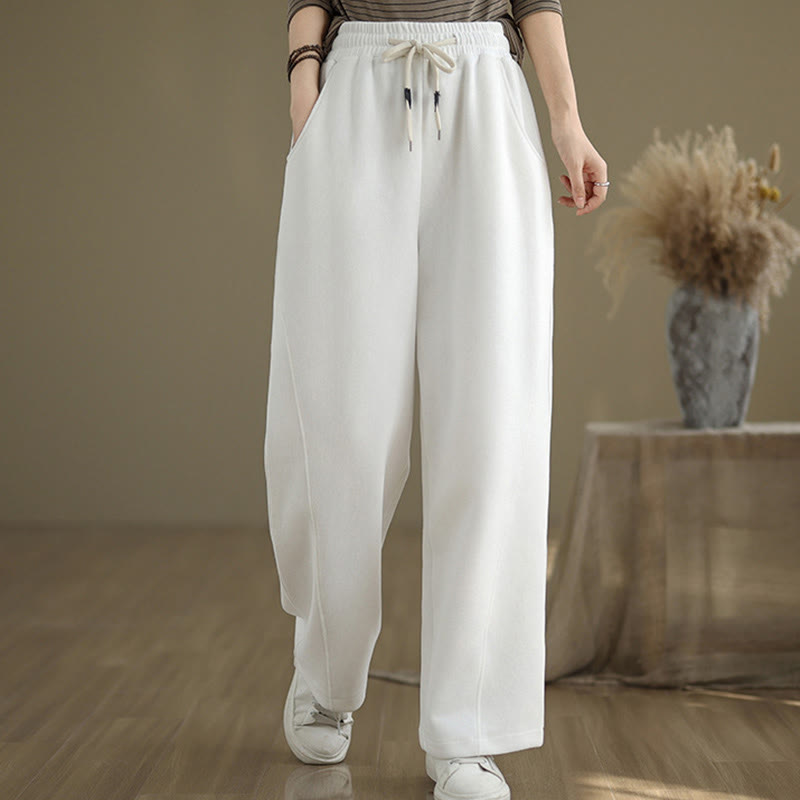 Solid Color Drawstring Cotton Women's Wide Leg Pants With Pockets