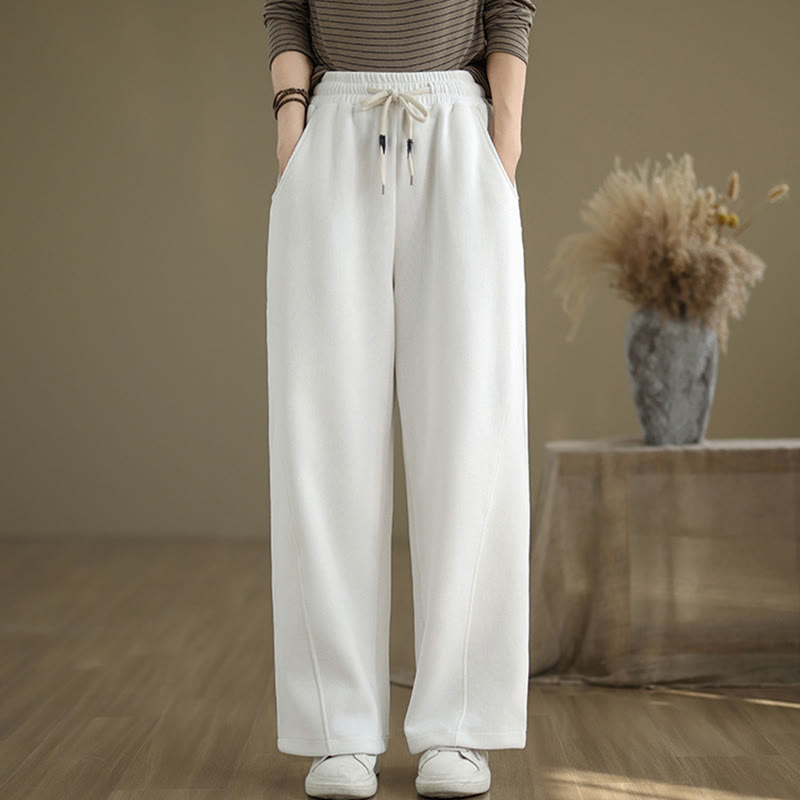 Solid Color Drawstring Cotton Women's Wide Leg Pants With Pockets
