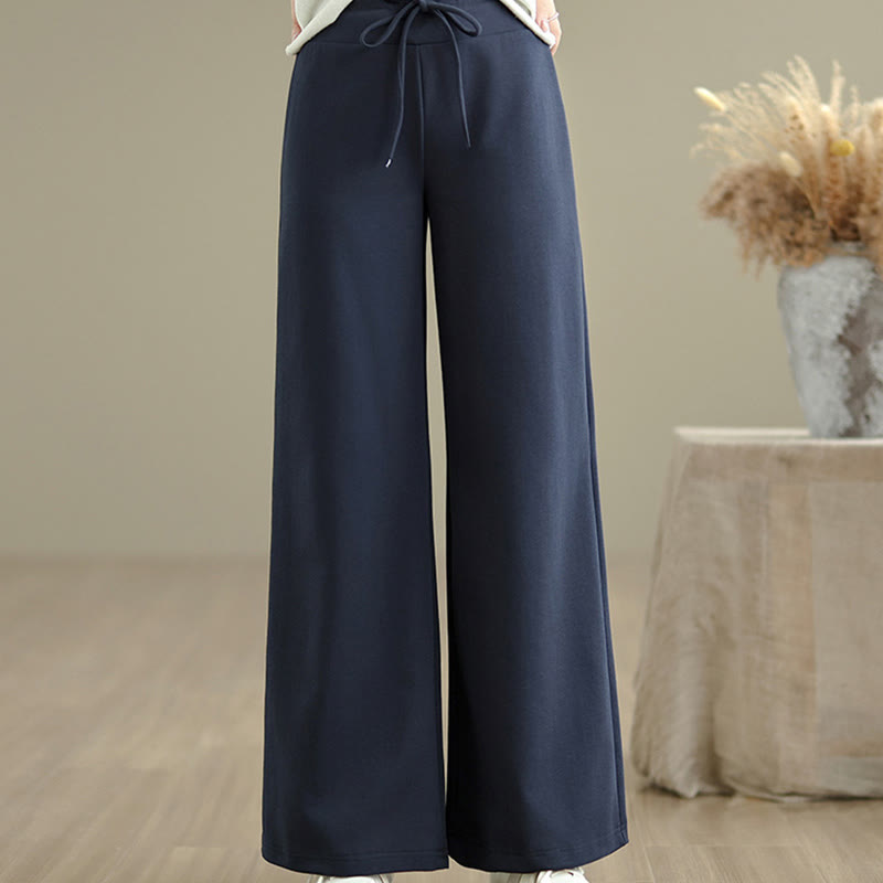Plain Drawstring Cotton Polyester Women's Wide Leg Pants With Pockets