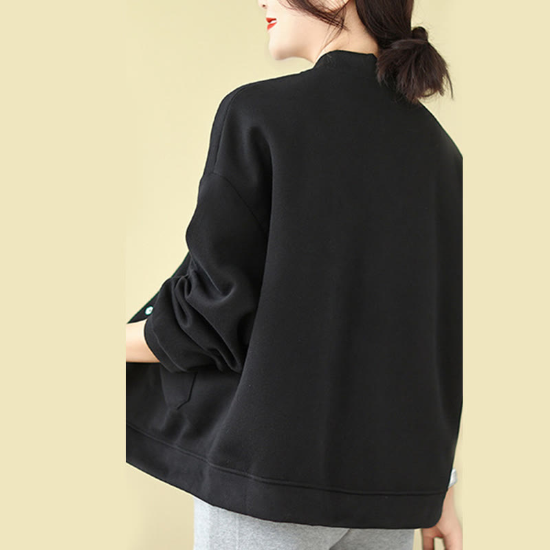 Plain Women's Buttons Crew Neck Long Sleeve Cotton Jacket With Pockets