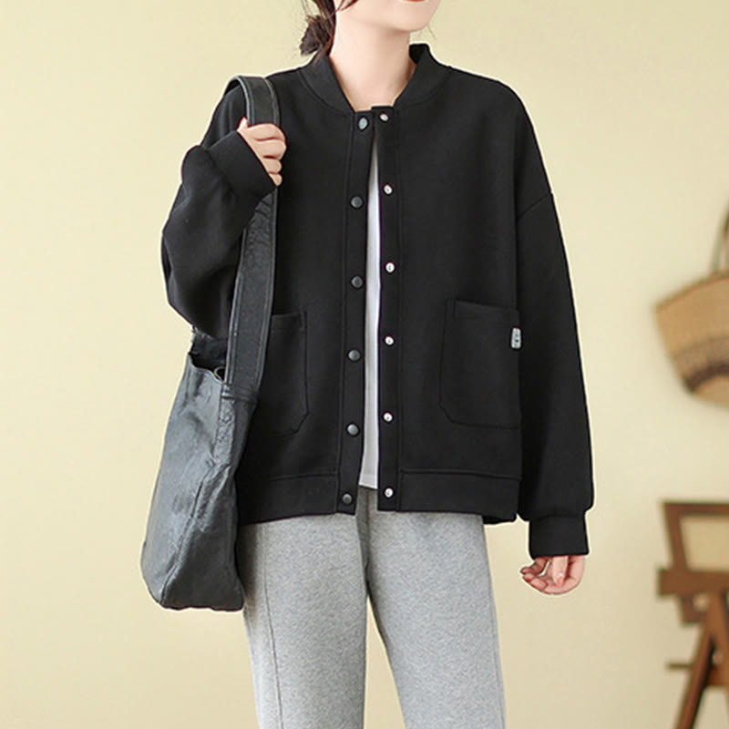 Plain Women's Buttons Crew Neck Long Sleeve Cotton Jacket With Pockets