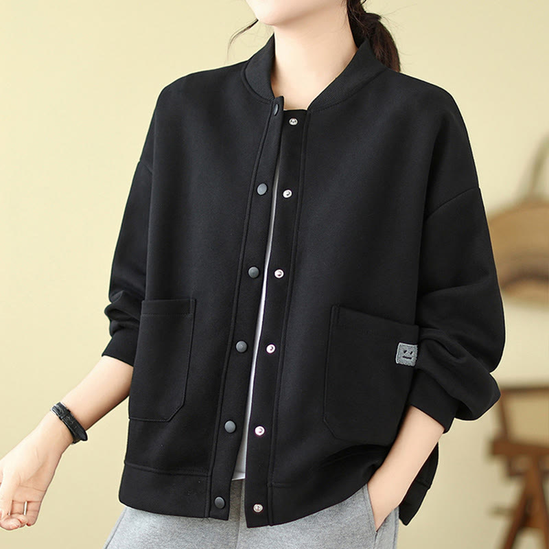 Plain Women's Buttons Crew Neck Long Sleeve Cotton Jacket With Pockets