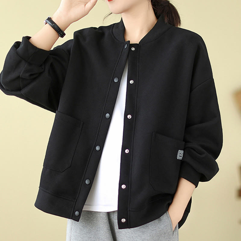 Plain Women's Buttons Crew Neck Long Sleeve Cotton Jacket With Pockets