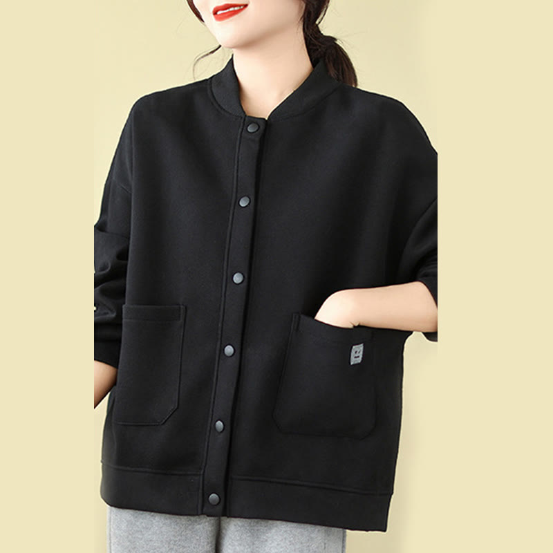 Plain Women's Buttons Crew Neck Long Sleeve Cotton Jacket With Pockets